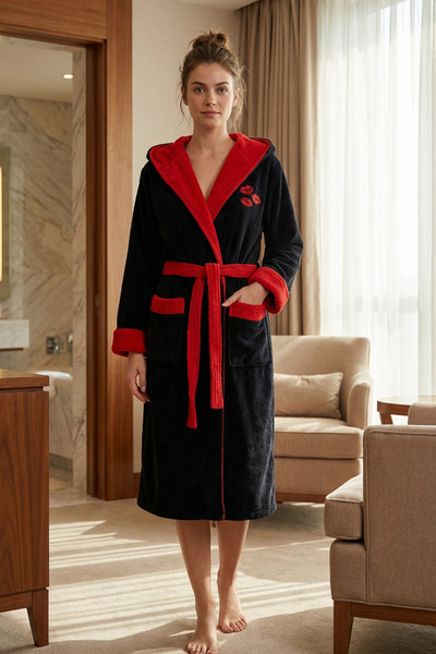 VAROL Luxury Touch Hooded 100% Cotton Embroidered Bathrobe – Kiss