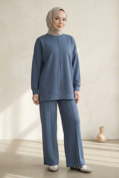 FERHEL Women's Round Neck Green Tunic and Trousers Two-Piece Set - Petro