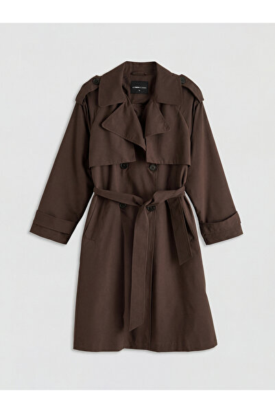 LC Waikiki GiyÇık Store Kahverengi Ceket Yaka Kuşaklı Kadın Trençkot