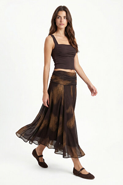 Ritnice Women's Aura Shawl Pattern Tulle Detailed Midi Brown Skirt