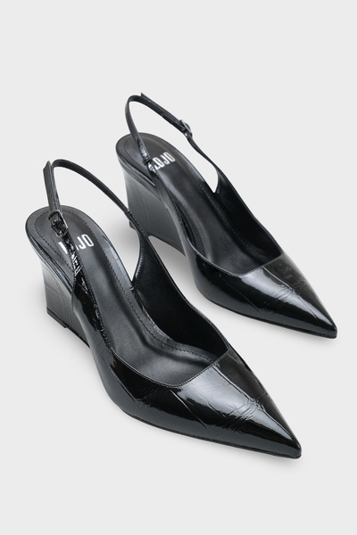 LOJO Women's Pointed Toe Open Back Wedge Heels Viviens Black Crocodile