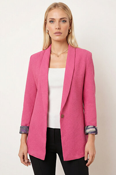 armonika Women's Fuchsia Shawl Collar Sleeves Garnished Single Button Jacket ...