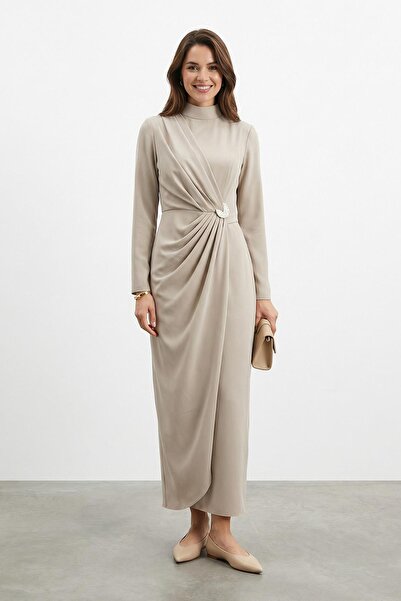 Puane Women's Double-Breasted Look Long Dress with Buckle Detail -12678Elb - ...