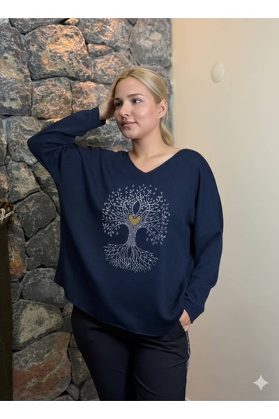 Punta Otantik Yg80359 Tree Printed Italian Knitwear Sweater Navy Blue