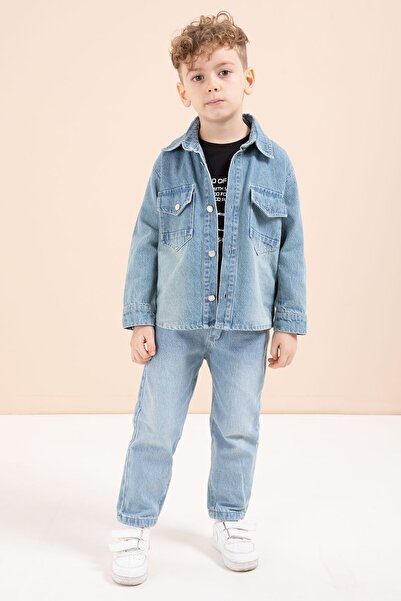 Cansın Mini Blue Buttoned Jean Jacket and Trousers Boys' 3-Piece Set 23628
