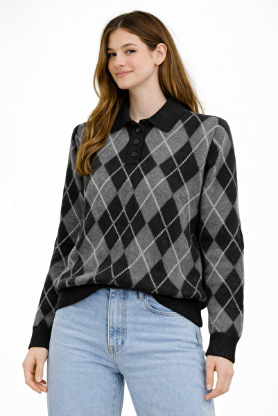 ModaPlaza Women's Baklava Pattern Polo Collar Sweater 5593