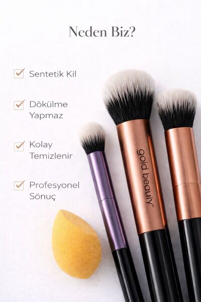 Gold Beauty Everyday Essentlals Profesyonel Makyaj Fırçası 5’li + Sünger Fondöten Allık Far Aydınlatıcı Kapatıcı