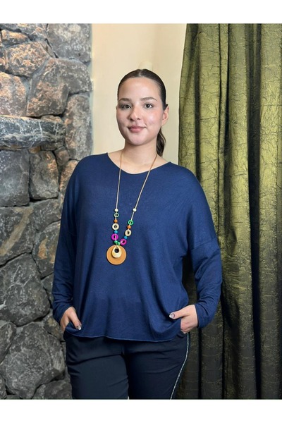 Punta Otantik Yg80581 Italian V-Neck Collared Basic Knitwear Blouse Navy Blue