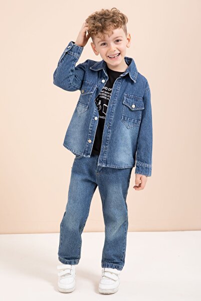 Cansın Mini Dark Blue Buttoned Jean Jacket and Trousers Boys' 3-Piece Set 23629