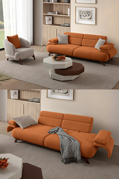 Eymense Bonjo Sırt Mekanizmalı Ceviz Kasalı Koltuk Takımı 3+1 Kiremit