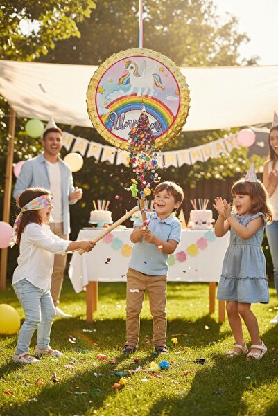 Cadde Süs Unicorn Temalı Gold Katlanabilir Pinyata Ve Sopası