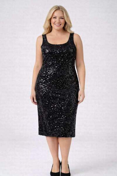 angelino butik Büyük Beden Rahat Kalıp Payetli Midi Abiye Elbise Likralı Dave...