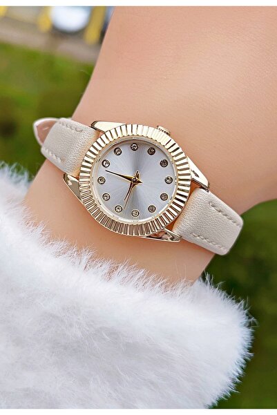 Weluxa ساعة يد نسائية بحزام جلدي بلون ذهبي وفضي + صندوق الساعة