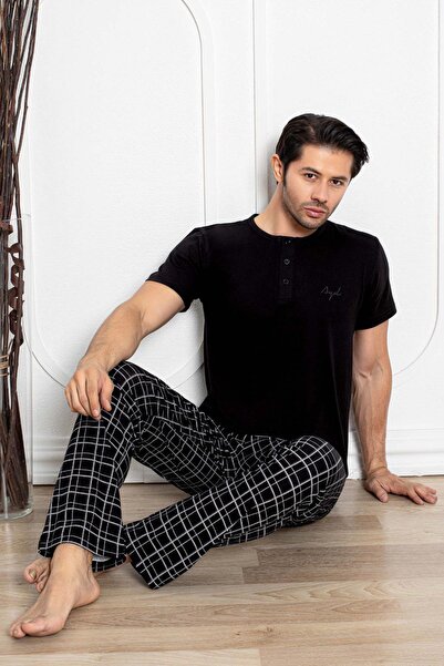 Aydoğan Men's Civan Modal Short Sleeve Black Pajama Set 7707