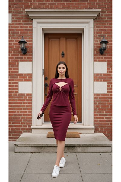 Akd örme KADIN GÖĞÜS DEKOLTELİ TOKALI UZUN KOL LİKRALI BLUZ