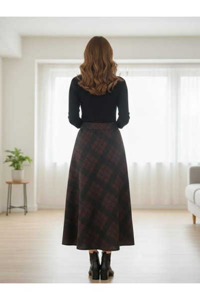 MONJER Women's Brown Plaid Bell-Cut Long Skirt