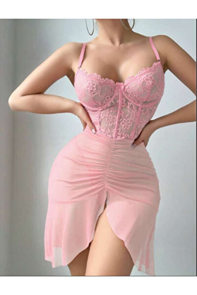 Bleu Petite Pink Corset-Look Tulle with Slits, Stylish Women's Nightgown and ...