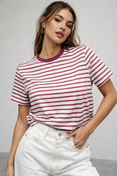 Rich Women's Pink Striped Soft Textured Cotton Basic T-Shirt