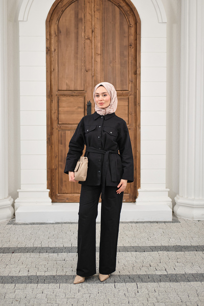 LOCCO Women's Snap Fastener Gabardine Waist Tie Suit Black