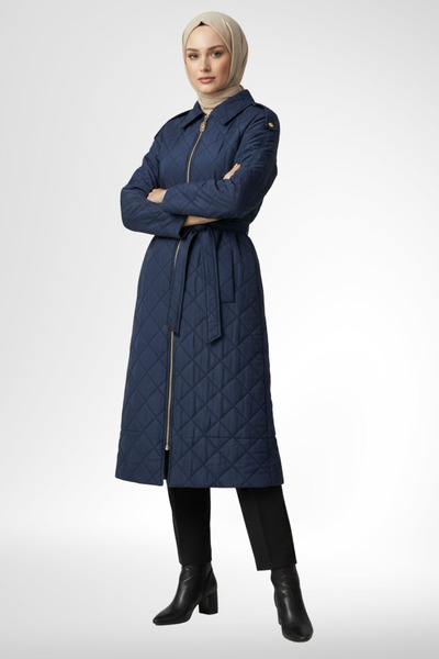 Armine TREND Kabartma Desenli Boydan Fermuarlı Belden Kuşaklı Giy Çık Laciver...