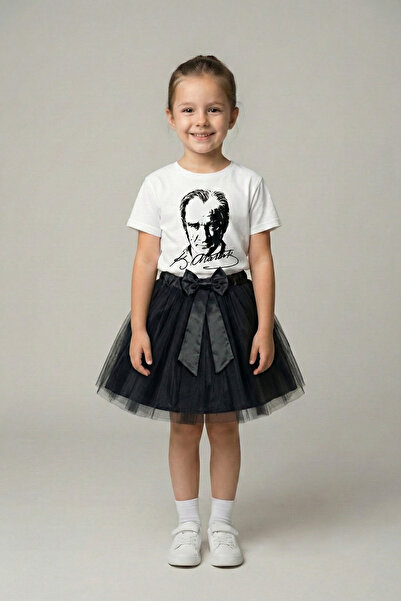 FATELLA Devojčica, bela majica kratkih rukava Ataturk sa crnom tutu suknjom, ...