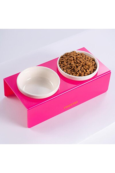 Pawstar Fuşya İkili Seramik-Pleksi Mama ve Su Kabı-Kedi Köpek Mama Su Kabı