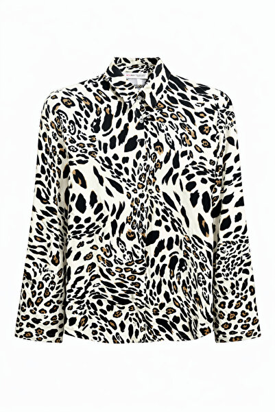 Mixray 4477 Дамска сатенена риза с леопардов принт, черна