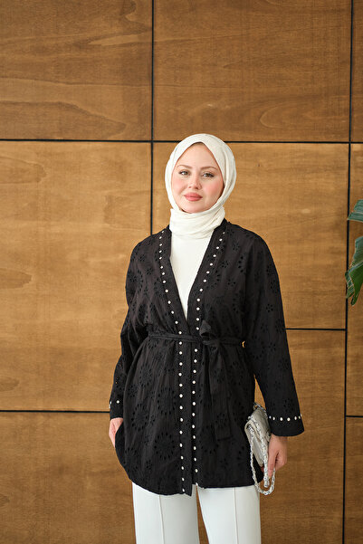 LOCCO Women's Brode Stone Embroidered Kimono Black