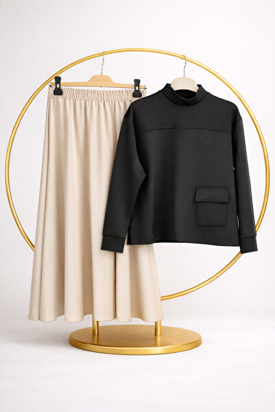 vikitekno Women's Pocketed Skirt Long Sleeve Blouse Two-Piece Set