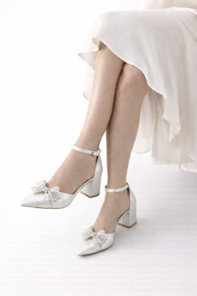 CRAFT MODA Сатенени булчински обувки с тюлена панделка и дебел ток