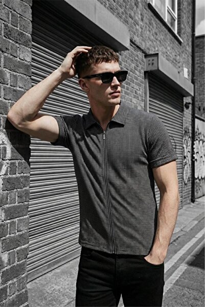 Oksit Qui Zipper Detailed Short Sleeve Textured Knitted Shirt Jacket (Polo Co...