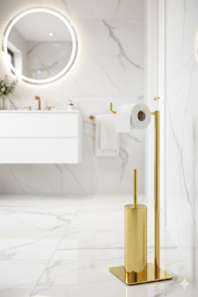 GörSeç Gold Color Bathroom Set with Stand, Toilet Paper Holder, Toilet Brush,...