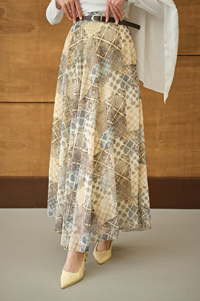 LOCCO تنورة نسائية منقوشة بنمط عرقي مع حزام باللون الأصفر