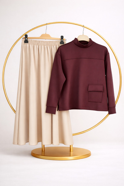 vikitekno Γυναικεία φούστα με τσέπες και μακρυμάνικη μπλούζα, σετ δύο τεμαχίων