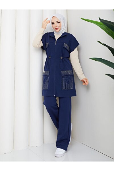 moda4b Women's 3-Piece Tracksuit Set Two-Thread Cotton N-05491 _ Navy Blue