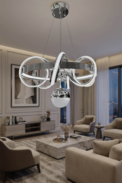 DEKORLİVE İthal Çizgili Profil Sİmli Çemberli Kıvrım Tek Top Led Avize