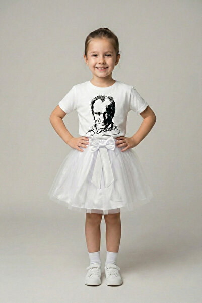 FATELLA Devojčica, bela majica kratkih rukava Ataturk i set belog tutu suknje...