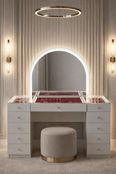 Setay Aynalı Makyaj Masası, Lavin Cam Üst Bölmeli Takı Düzenleyicili Şifonyer