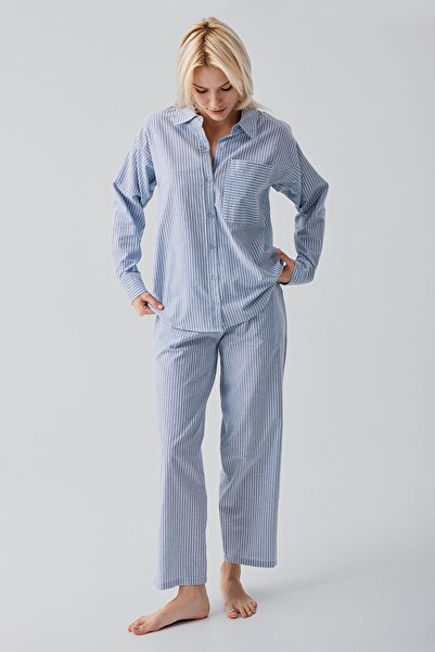 Artış Long Sleeve Striped Buttoned Woven 100% Cotton Pajama Set