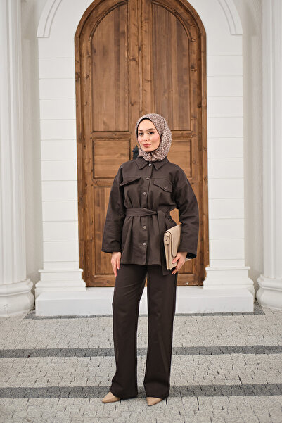 LOCCO Kadın Çıtçıtlı Gabardin Bel bağlamalı takım Kahverengi