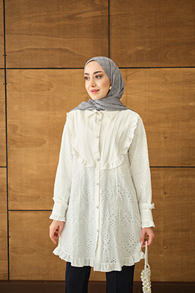 LOCCO Women's Pleated and Embroidered Detail Shirt White