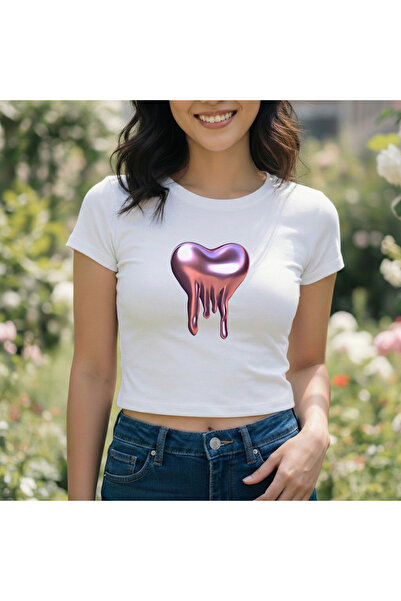 Velostra Women's Melting Heart Printed Basic Daily Use Slim Fit Crop T-Shirt