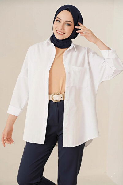 YXC Trend Maker Single Pocket Oversize Linen Shirt White Hijab Shirt