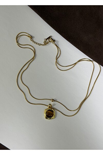 KİLİGİSTANBUL 2'Lİ KARE KEDİ GÖZÜ ÇELİK KOLYE