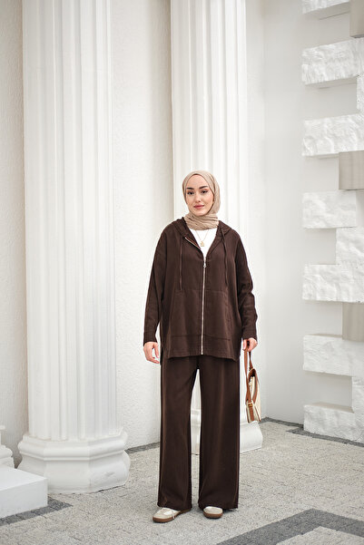 LOCCO Women's Zippered Double Pocket Hooded Pants Set Brown