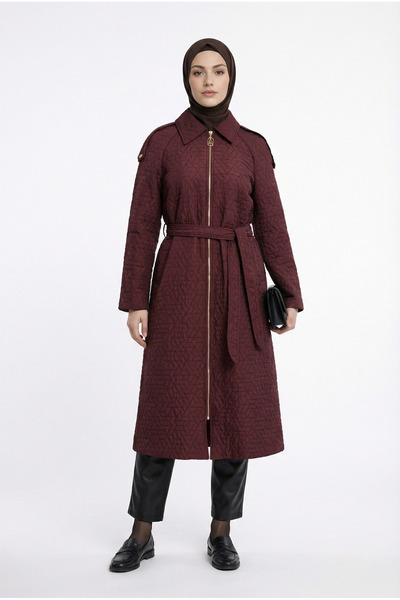 Armine TREND Kabartma Desenli Boydan Fermuarlı Belden Kuşaklı Giy Çık Vişne 2...