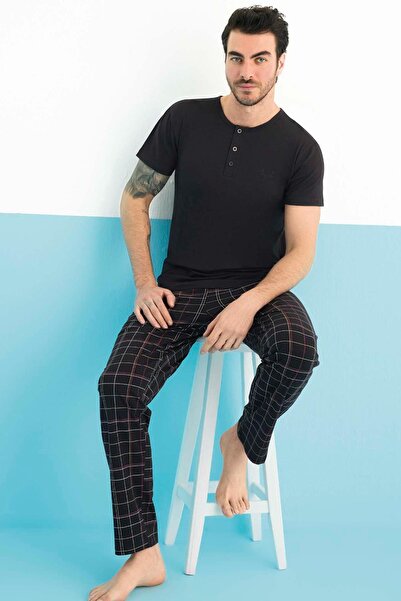 Aydoğan Men's Civan Modal Short Sleeve Black Pajama Set 0148