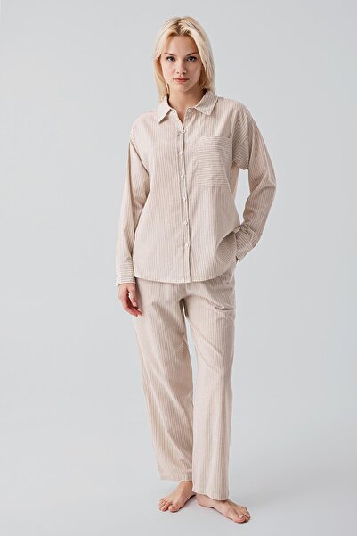 Artış Long Sleeve Striped Buttoned Woven 100% Cotton Pajama Set