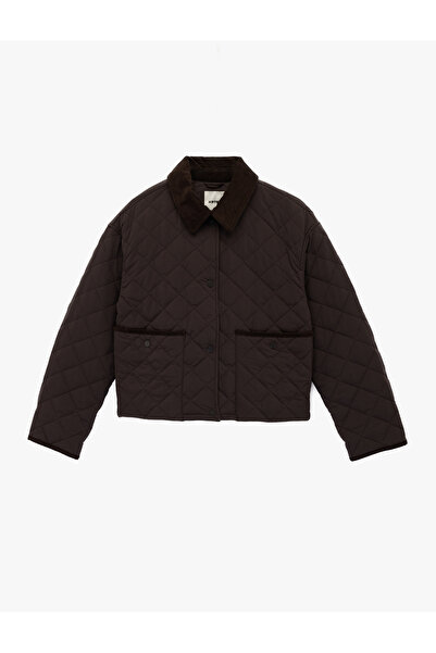 Koton Düğmeli Uzun Kollu Kadife Dik Yaka Cepli Kapitone Mont