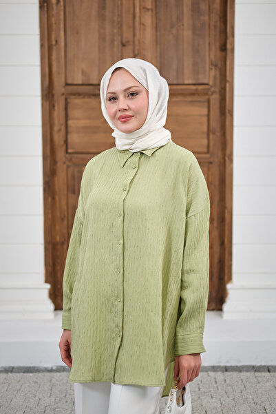 LOCCO Kadın Pul Detaylı Kendinden Desen Gömlek Fıstık Yeşil